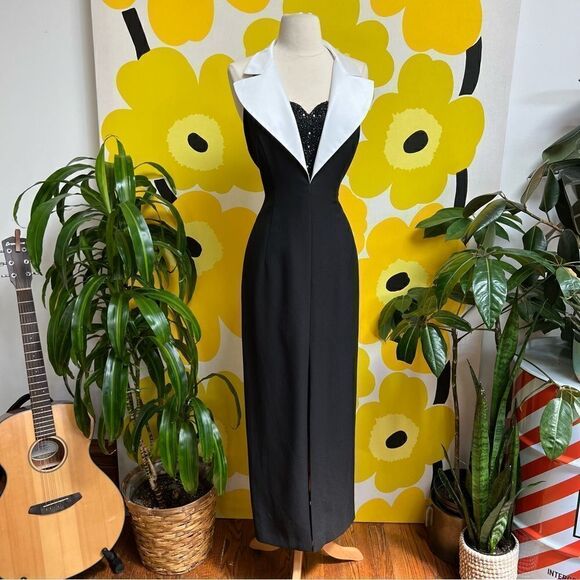 Vintage 1980s 1990s Beaded Tuxedo Wiggle Strappy Back Cigarette Style Gown - Picture 2 of 11